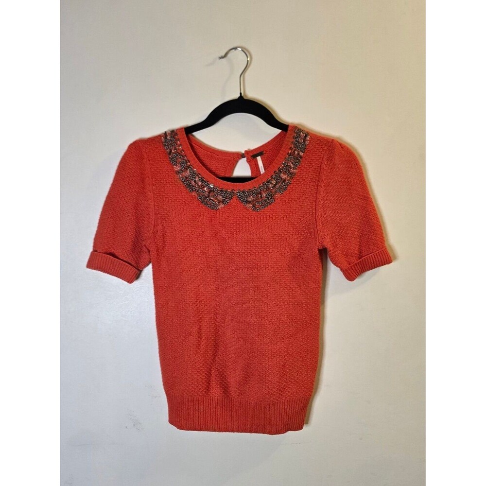 Free People Peter Pan Embellished Collar Short Sleeve Sweater Xs